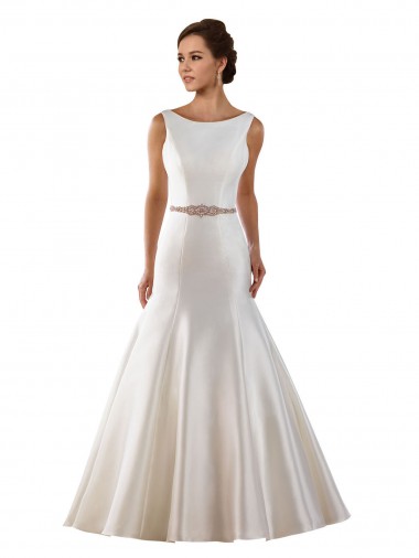 Best Modern Boat Neck Mermaid Satin Wedding Dress with Deep V-Back Sydney