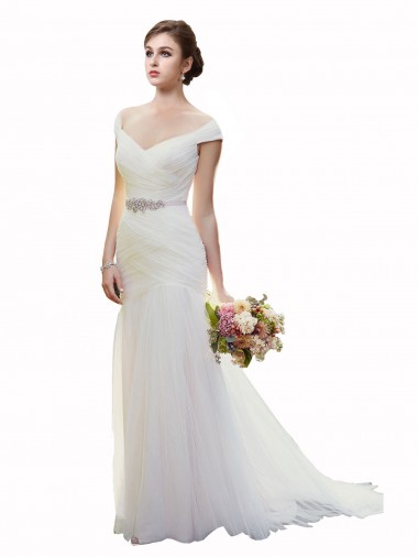 Best Cap Sleeves Off the Shoulder Ruched Mermaid Tulle Beach Wedding Dress Sydney