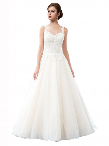 Best Illusion Neck A-Line Tulle Beach Wedding Dress with Lace Bodice Sydney
