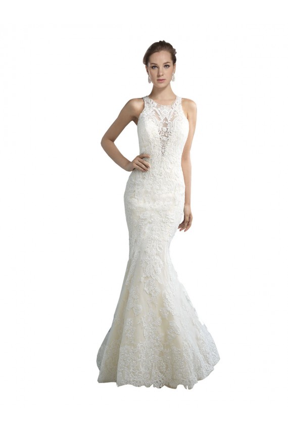 Best Deep Illusion Neck Mermaid Tulle Beach Wedding Dress with All Over Lace Sydney