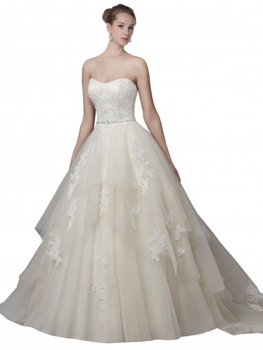 Best Strapless Ball Gown Tulle Wedding Dress with Lace Appliques Sydney