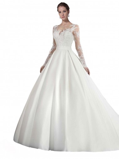 Best Long Sleeves Illusion Neck A-Line Satin Wedding Dress with Lace Bodice Sydney