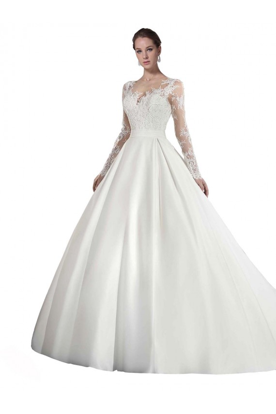 Best Long Sleeves Illusion Neck A-Line Satin Wedding Dress with Lace Bodice Sydney