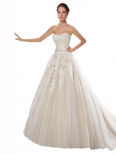 Best Strapless Ball Gown Tulle Wedding Dress with Lace Cascades Sydney