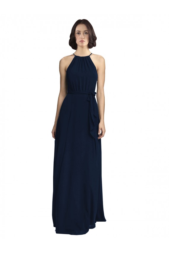 Best High Neckline Floor Length Chiffon Bridesmaid Dress with Belt Sydney