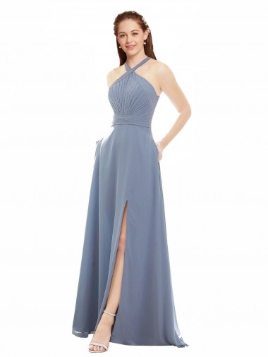 Best High Neck Chiffon Bridesmaid Dress with Draped Bodice Sydney