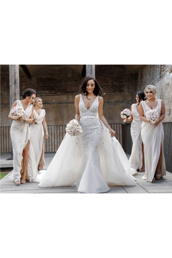 Best Chiffon Long Champagne Evening Dress with Sexy High Slit and Front Ruffles Sydney