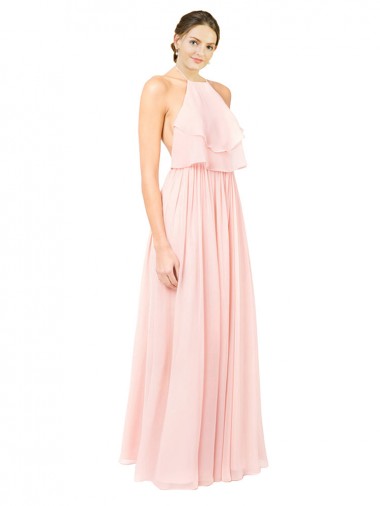 Best Halter Neck Chiffon Bridesmaid Dress with Double Ruffle Front Sydney