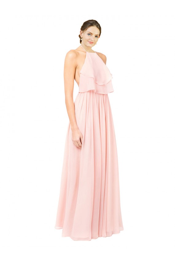 Best Halter Neck Chiffon Bridesmaid Dress with Double Ruffle Front Sydney