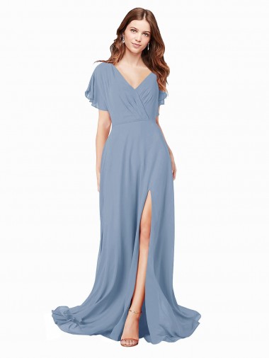 Best Chiffon Bridesmaid Dress / Prom Dress with Flutter Sleeves and Front Slit Sydney
