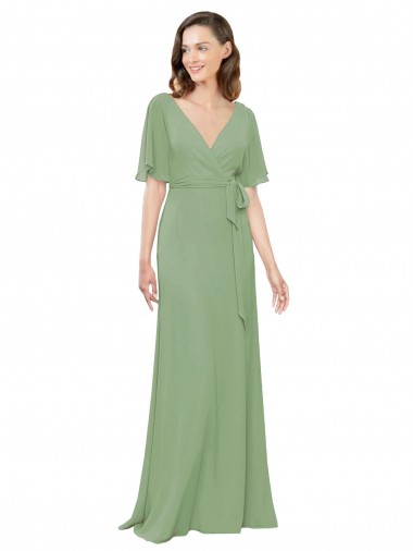 Best Chiffon V-Neckline Wrap Bridesmaids Dress With Double Flutter Sleeve Sydney