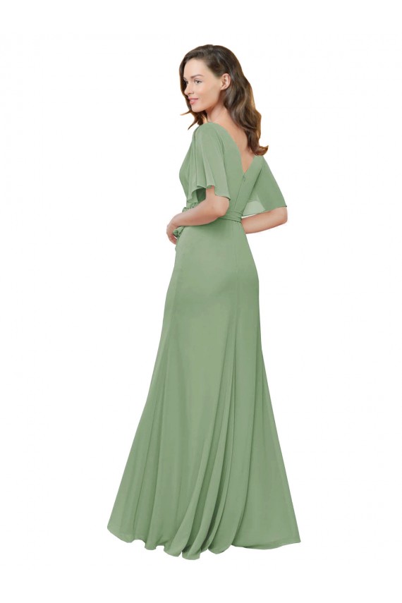 Best Chiffon V-Neckline Wrap Bridesmaids Dress With Double Flutter Sleeve Sydney