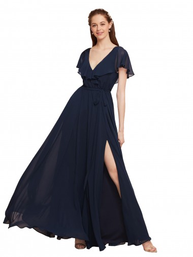 Best Long V-Neck Chiffon Bridesmaid Dress with Slit and V-Back Sydney