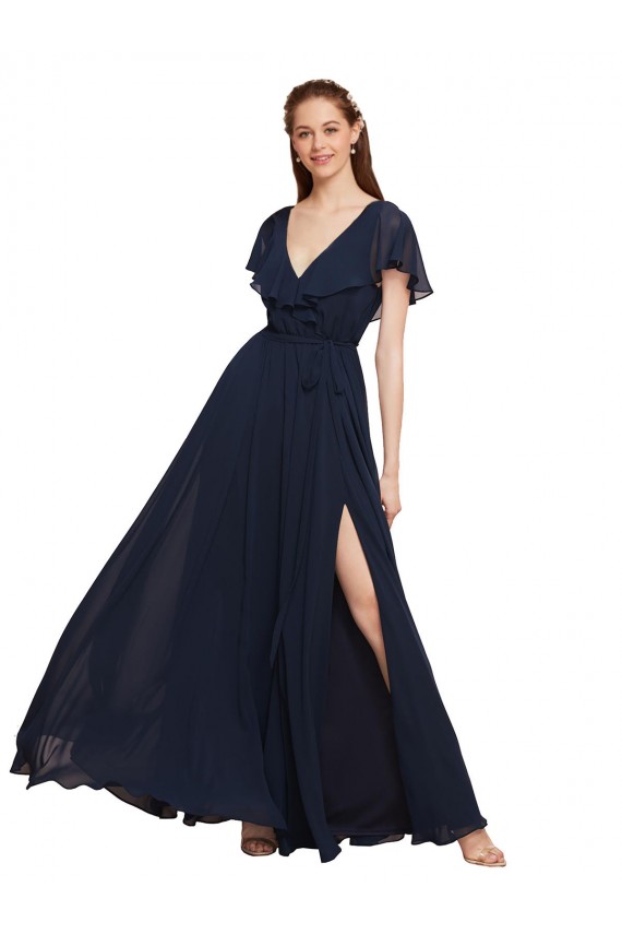 Best Long V-Neck Chiffon Bridesmaid Dress with Slit and V-Back Sydney