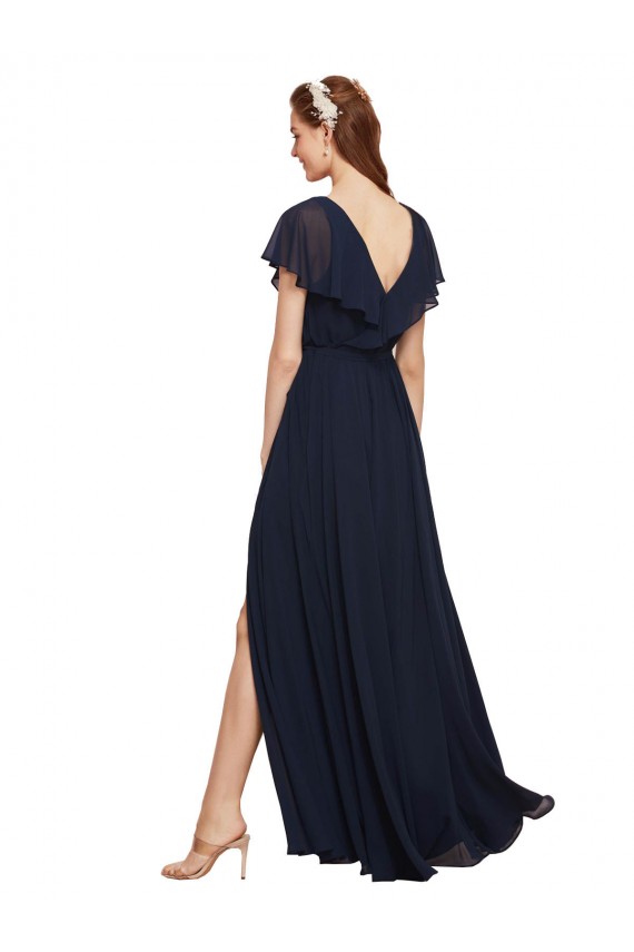 Best Long V-Neck Chiffon Bridesmaid Dress with Slit and V-Back Sydney