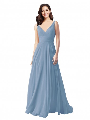 Best Long Chiffon V-Neck and Self Sash Bridesmaid Dress with Shirred Criss Cross Bodice Sydney