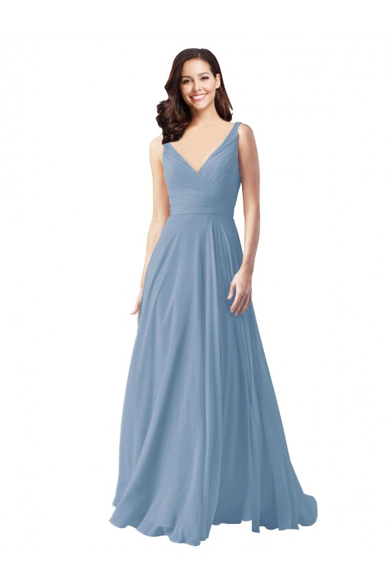 Best Long Chiffon V-Neck and Self Sash Bridesmaid Dress with Shirred Criss Cross Bodice Sydney
