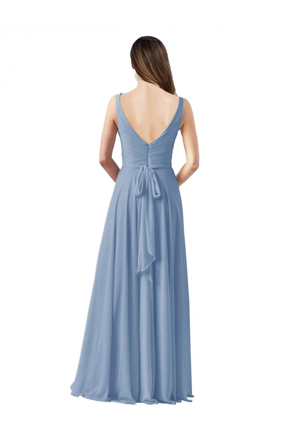Best Long Chiffon V-Neck and Self Sash Bridesmaid Dress with Shirred Criss Cross Bodice Sydney