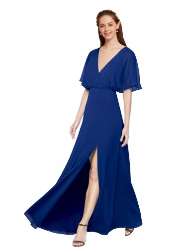 Best V-Neck Long Chiffon Bridesmaid Dress with Dolman Sleeved Bodice and Slit Sydney