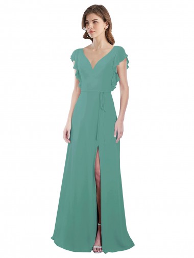 Best Full Length Chiffon Bridesmaid Dress with Ruffled Cap Sleeves and Side Slit Sydney