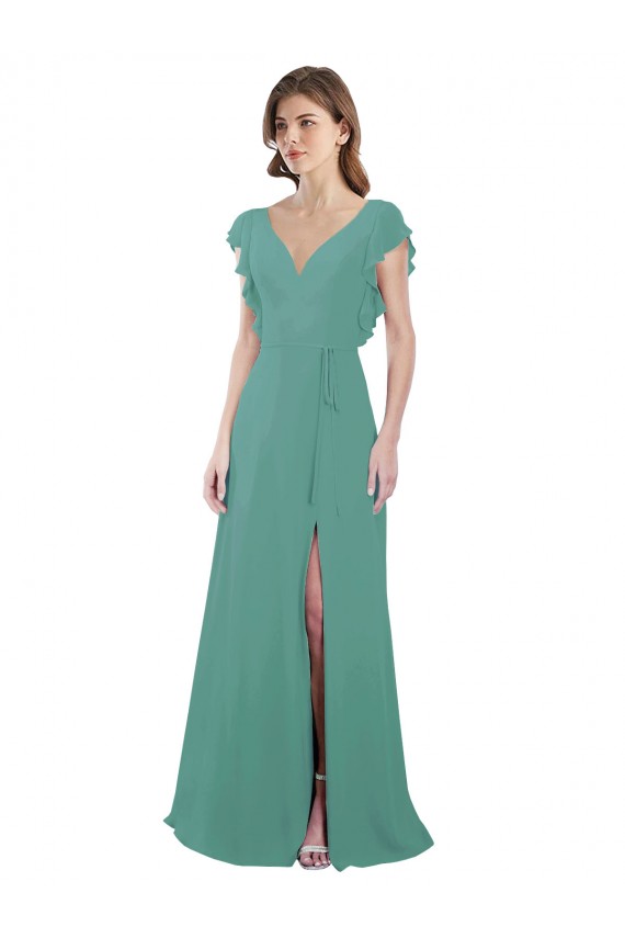 Best Full Length Chiffon Bridesmaid Dress with Ruffled Cap Sleeves and Side Slit Sydney