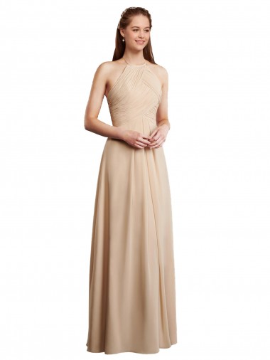 Best Draped Halter Neck Long Chiffon Bridesmaid Dress with Tie Back Sydney