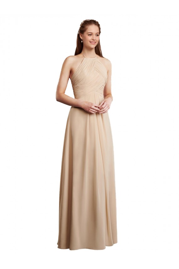 Best Draped Halter Neck Long Chiffon Bridesmaid Dress with Tie Back Sydney