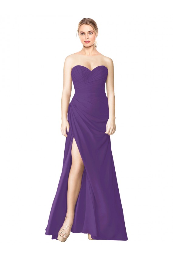 Best Strapless Chiffon Bridesmaid Dress with Pleated Wrap Bodice and Side Slit Sydney