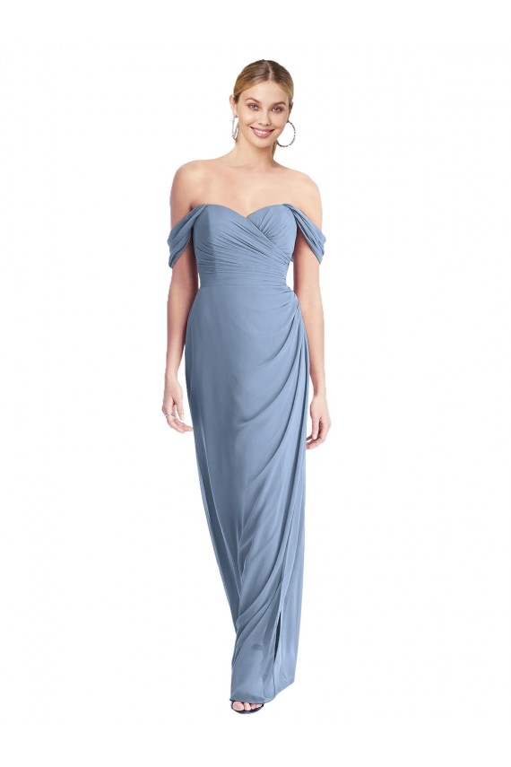 Best Full Length Draped Off the Shoulder Maxi Bridesmaid Dress with Shirred Streamer Sydney