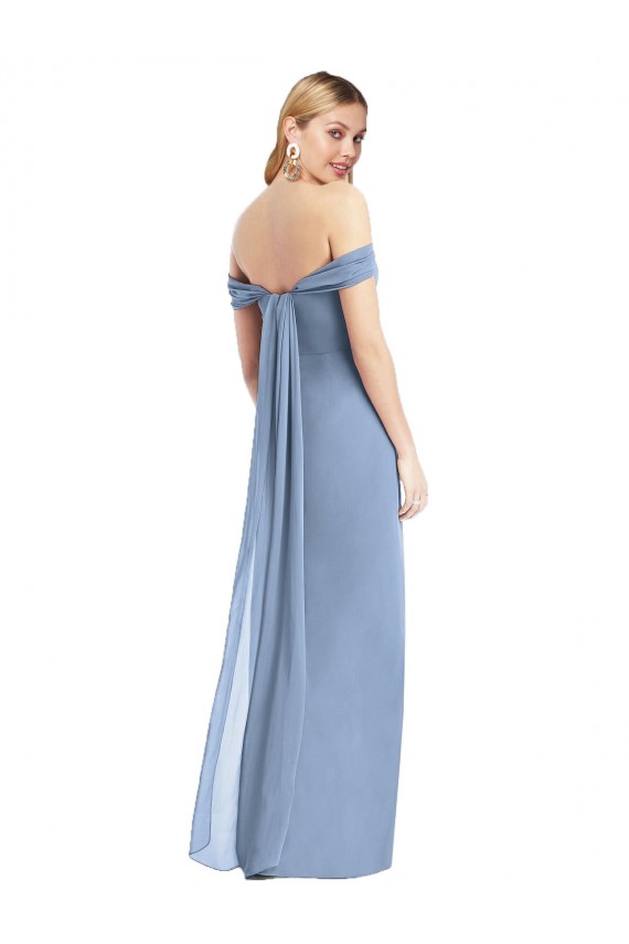 Best Full Length Draped Off the Shoulder Maxi Bridesmaid Dress with Shirred Streamer Sydney