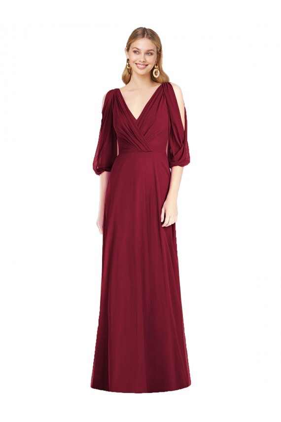 Best Draped V-Neck Bell Sleeves V-Back Chiffon Bridesmaid Dress Sydney
