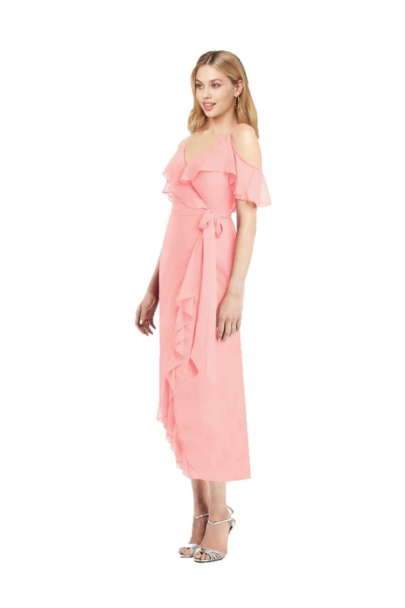 Best Cocktail Wrap Chiffon Bridesmaid Dress with Fluttering Ruffles Sydney