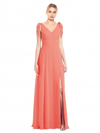 Best Full Length Bow-Shoulder V-Back Chiffon Bridesmaid Dress with Front Slit Sydney