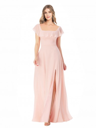 Best Flutter Cap Sleeves Square Neck Ruffle Chiffon Bridesmaid Dress Sydney