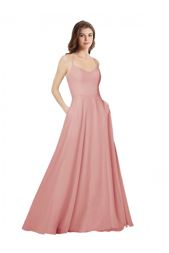 Best Open Back Wide Tie Band Long Chiffon Bridesmaid Dress with Pockets Sydney
