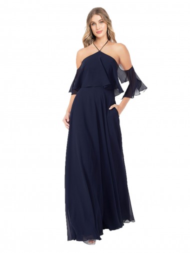 Best Halter Neck Cold Shoulder Flutter Sleeves Bridesmaid Dress Sydney