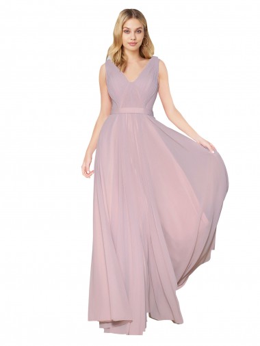 Best Draped V-Neck Long Chiffon Bridesmaid Dress / Formal Prom Dress with Shirred Bodice Sydney