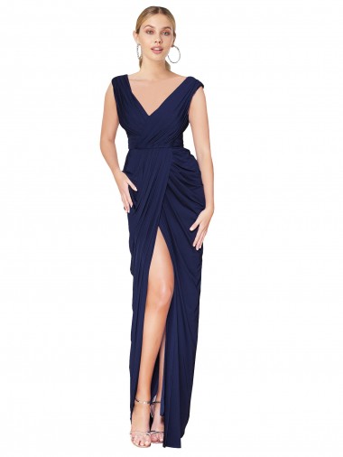 Best Draped V-Neck Long Chiffon Bridesmaid Dress / Formal Prom Dress with Front Slit Sydney