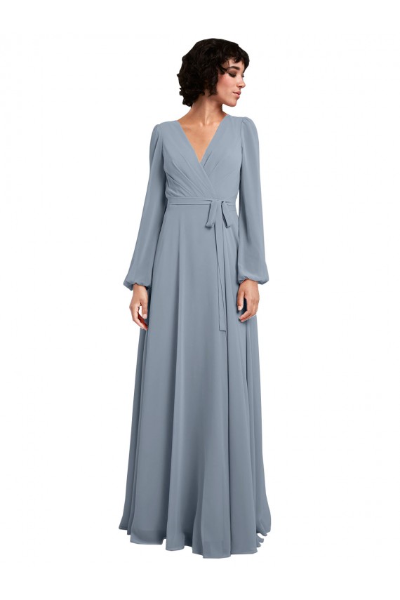 Best Wrap Style Long Sleeves Chiffon Bridesmaid Dress with Pleated Bodice Sydney