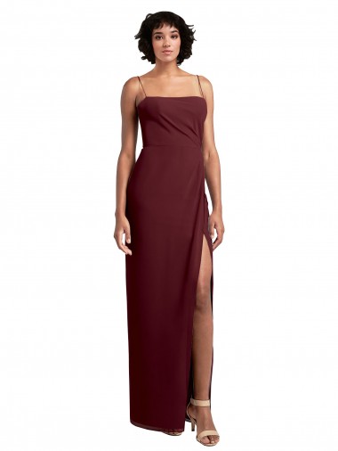 Best Sleek Straight Neckline Chiffon Bridesmaid Dress with Spaghetti Straps and High Side Slit Sydney