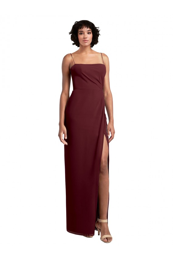 Best Sleek Straight Neckline Chiffon Bridesmaid Dress with Spaghetti Straps and High Side Slit Sydney