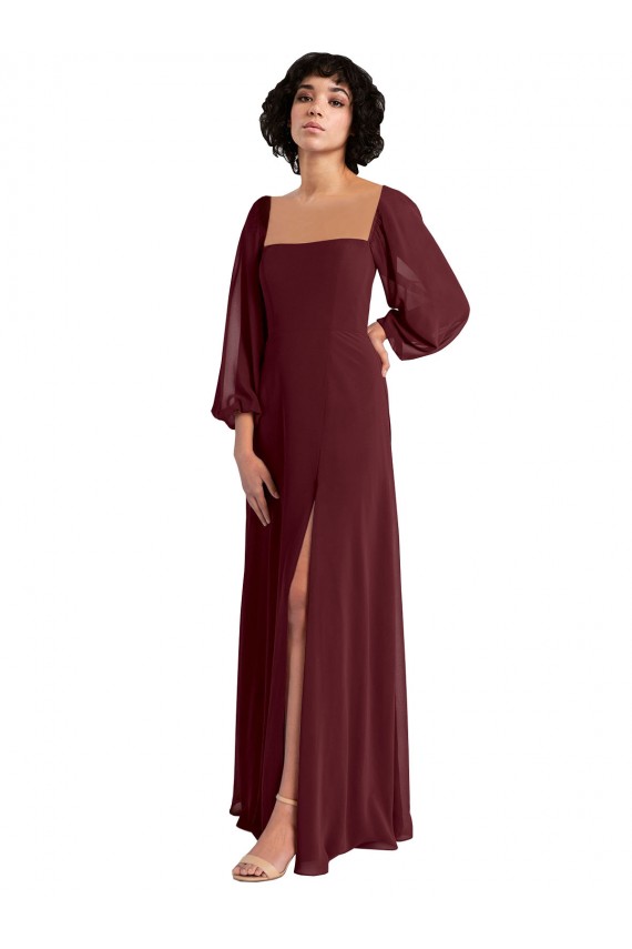 Best Sheer Long Sleeves Chiffon Bridesmaid Dress with High Slit Sydney