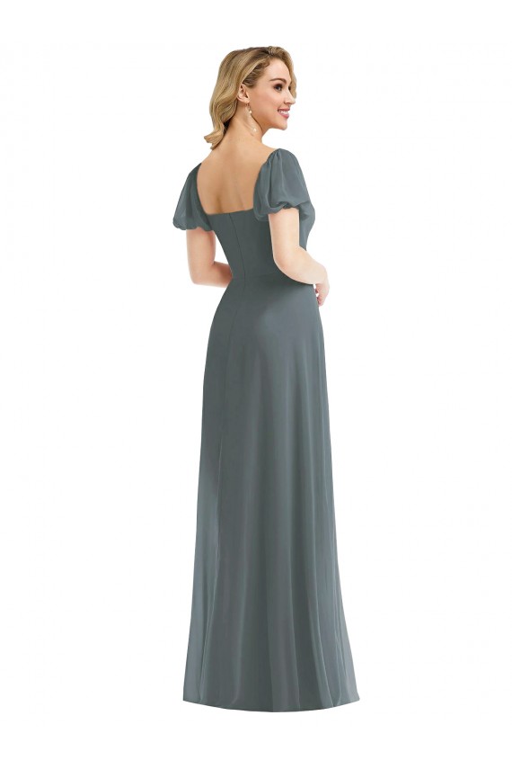 Best Puff Sleeves Chiffon Maxi Bridesmaid Dress with Front Slit Sydney
