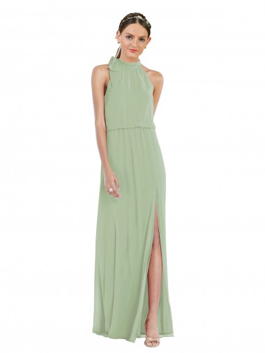 Best High Neck Scarf Tie Blouson Bodice Maxi Bridesmaid Dress with Front Slit Sydney