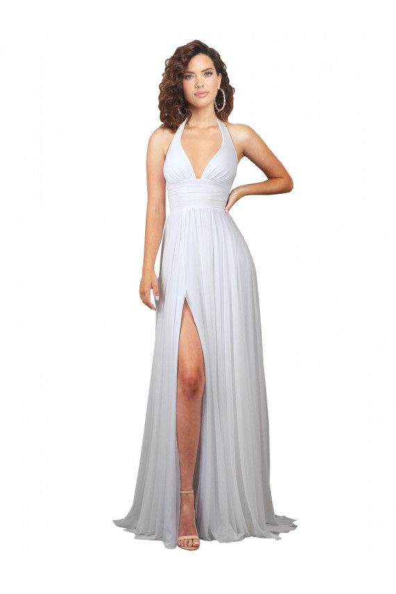 Best Simple Halter Plunge V-Neckline Chiffon Beach Wedding Dress with High Leg Split Sydney
