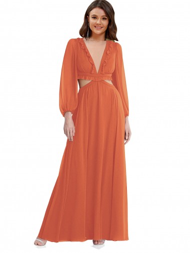 Best High Low Ruffled Long Chiffon Cutout Bishop Sleeves Maxi Bridesmaid Dress Sydney