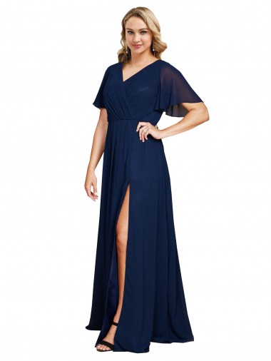 Best Chiffon V-Neck Short Sleeves Long Formal Bridesmaid Dress / Prom Dress with High Slit Sydney