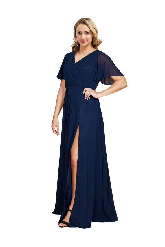 Best Chiffon V-Neck Short Sleeves Long Formal Bridesmaid Dress / Prom Dress with High Slit Sydney