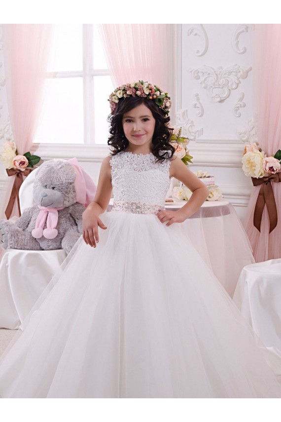 Best Ivory Ball Gown Bateau Chapel Train Sleeveless Flower Girl Dress Sydney