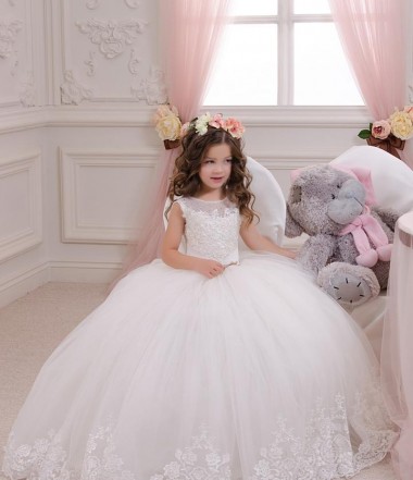 Best Ivory Ball Gown Bateau Neck Chapel Train Sleeveless Flower Girl Dress Sydney